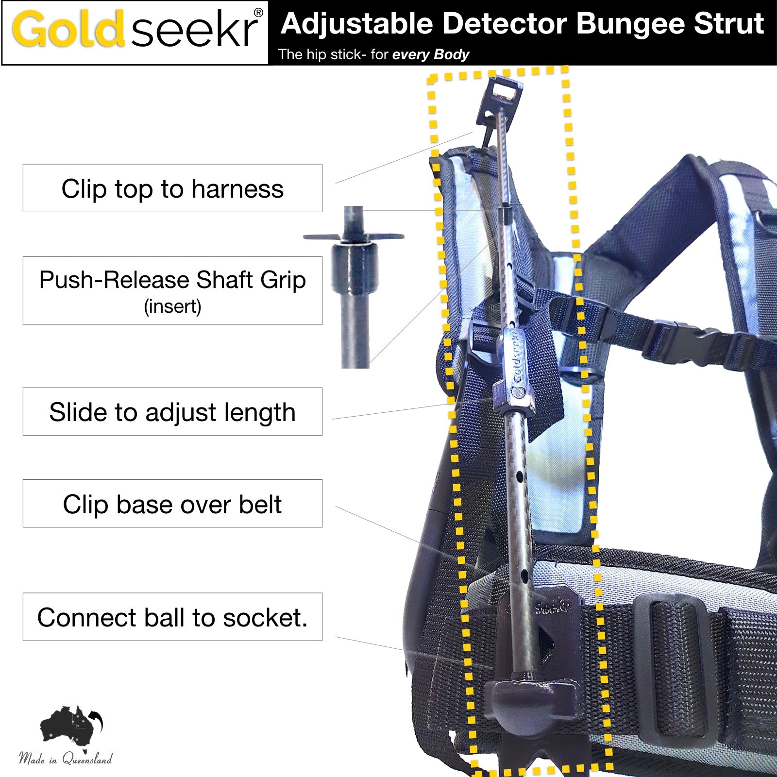 Adjustable Metal Detector Bungee Strut (Hip Stick)