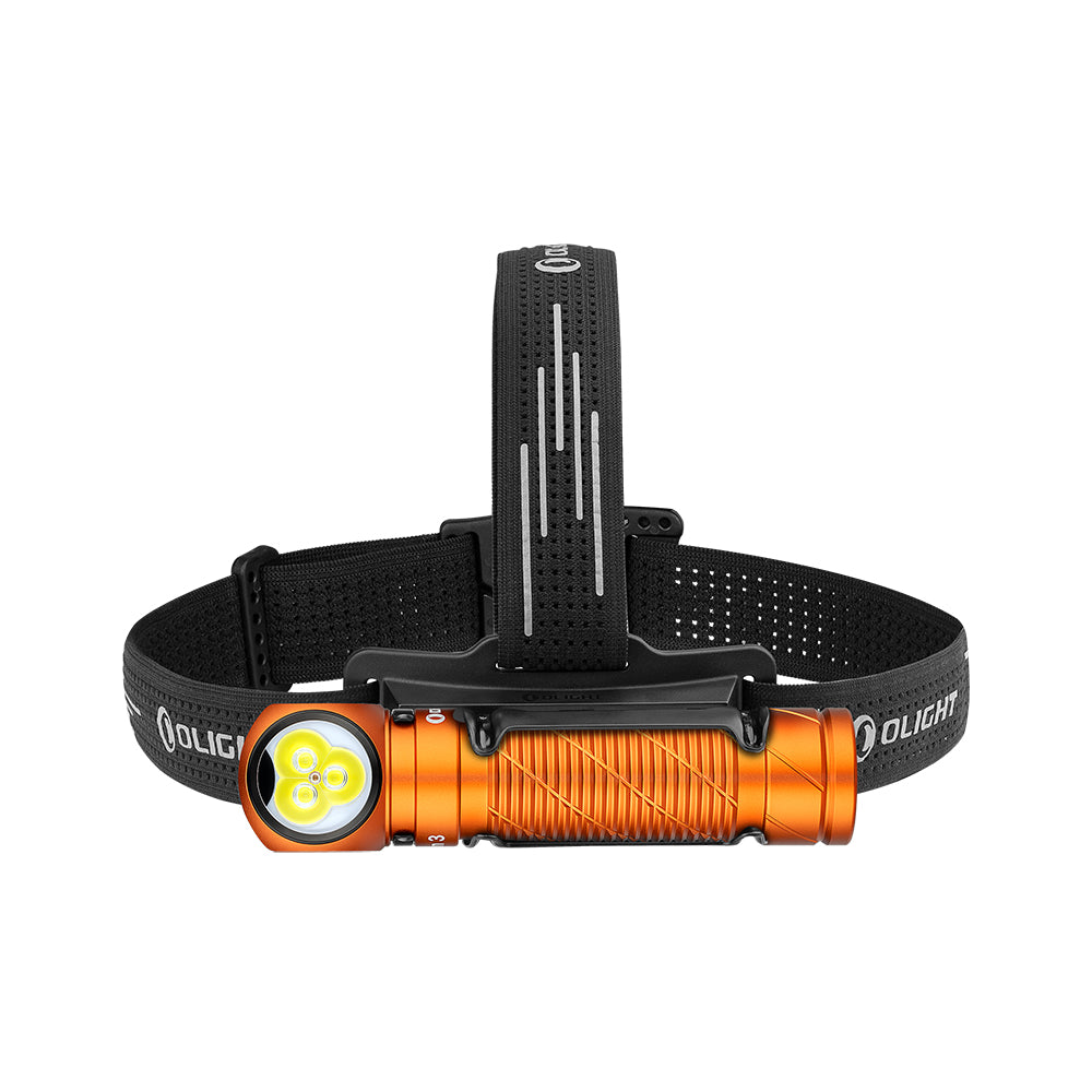 Orange Olight Perun 3 Versatile Led Rechargeable Head Torch from Head to Hand