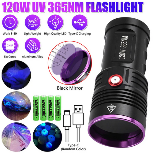 20W 6-Core 365nm UV Flashlight Black Mirror 2-Mode Purple Light Ultra Violet Torch